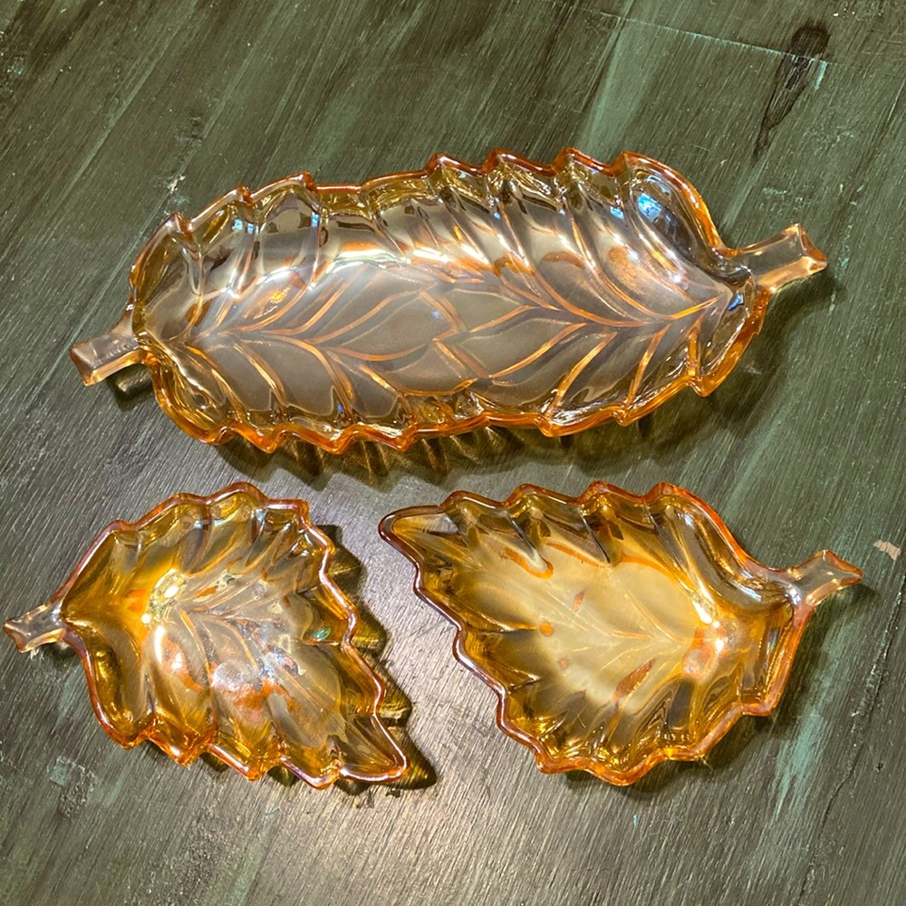 Set of 3 Vintage Jeanette Amber Lusterware Glass Leaf Candy Bowls Ashtrays